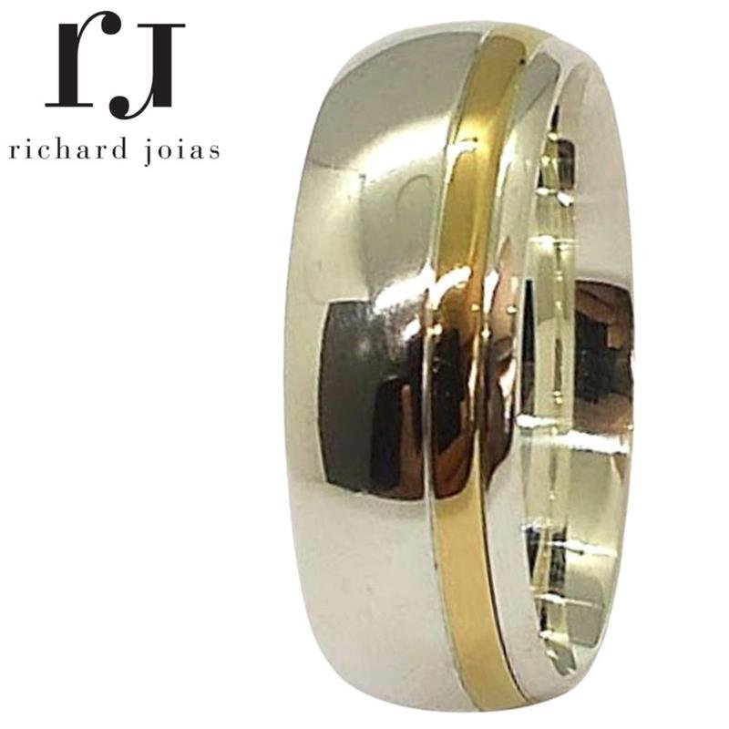 ALIANÇA DE PRATA C/FILETE DE OURO 10KL 8,0MM ANATÔMICA ABAULADA C/FILETE DE 1,5MM