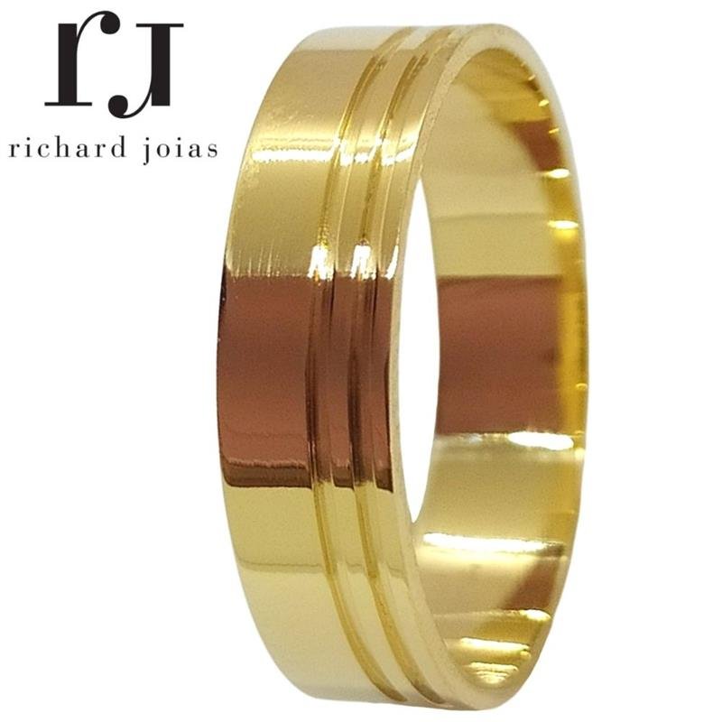 ALIANÇA DE OURO 18KL PESO 3,5 GRAMAS E LARGURA DE 5,0MM QUADRADA SEMI-ANATÔMICA C/02 FRISOS