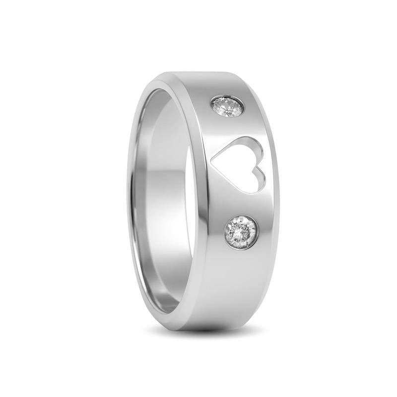 ALIANÇA DE PRATA 6,5MM ANATÔMICA QUADRADA CHANFRADA C/CORAÇÃO E 02 PEDRAS