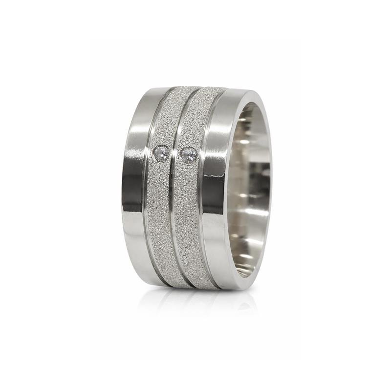 ALIANÇA DE PRATA 925 A 950 10MM ANATÔMICA QUADRADA DIAMANTADA C/ 2 PEDRAS E 3 FRISOS 0,50