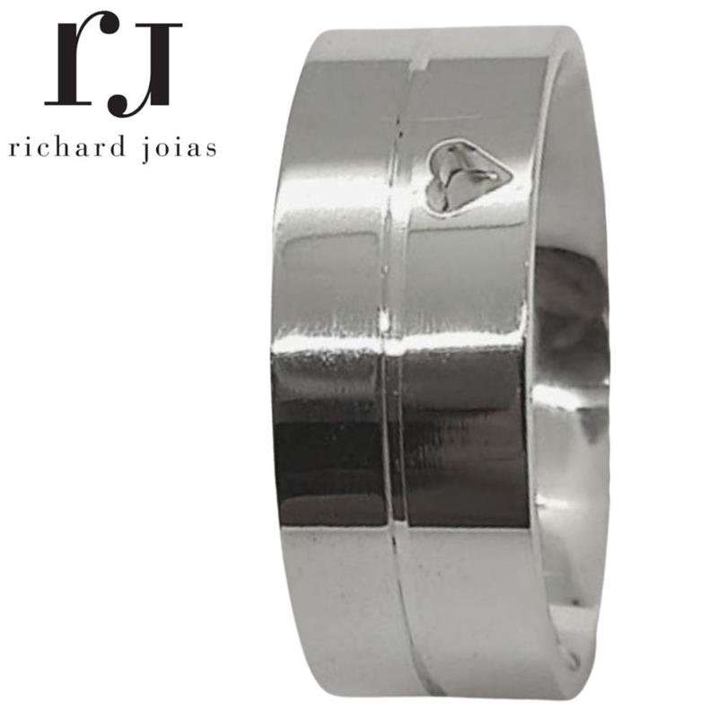 ALIANÇA DE PRATA 8,0MM ANATÔMICA QUADRADA C/CORAÇÃO E 01 FRISO