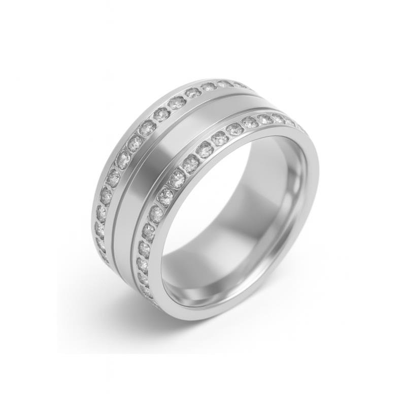 ALIANÇA DE PRATA 8,0MM QUADRADA C/ PEDRAS E 02 FRISOS