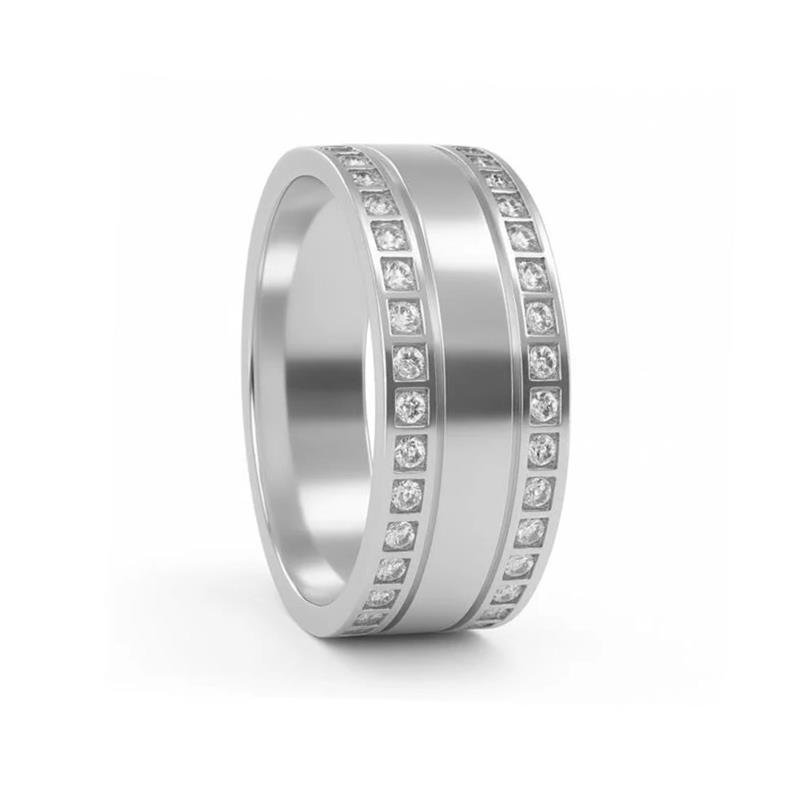 ALIANÇA DE PRATA 8,0MM QUADRADA C/ PEDRAS E 02 FRISOS