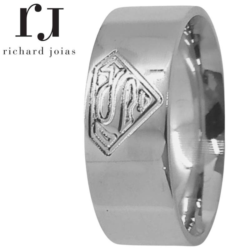 ALIANÇA DE PRATA 8,0MM QUADRADA C/SÍMBOLO DO SUPERMAN