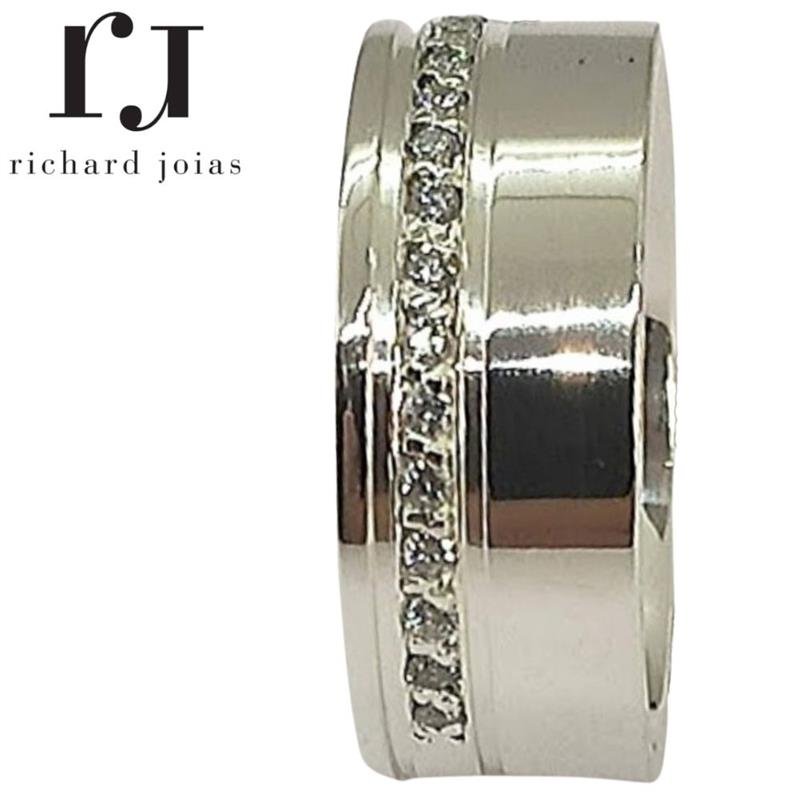 ALIANÇA DE PRATA 8,0MM ANATÔMICA QUADRADA C/15 PEDRAS E 2 FRISOS 0,50