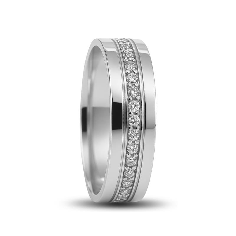 ALIANÇA DE PRATA 6,0MM ANATÔMICA QUADRADA C/21 PEDRAS DE 1,25MM E 02 FRISOS 0,50MM