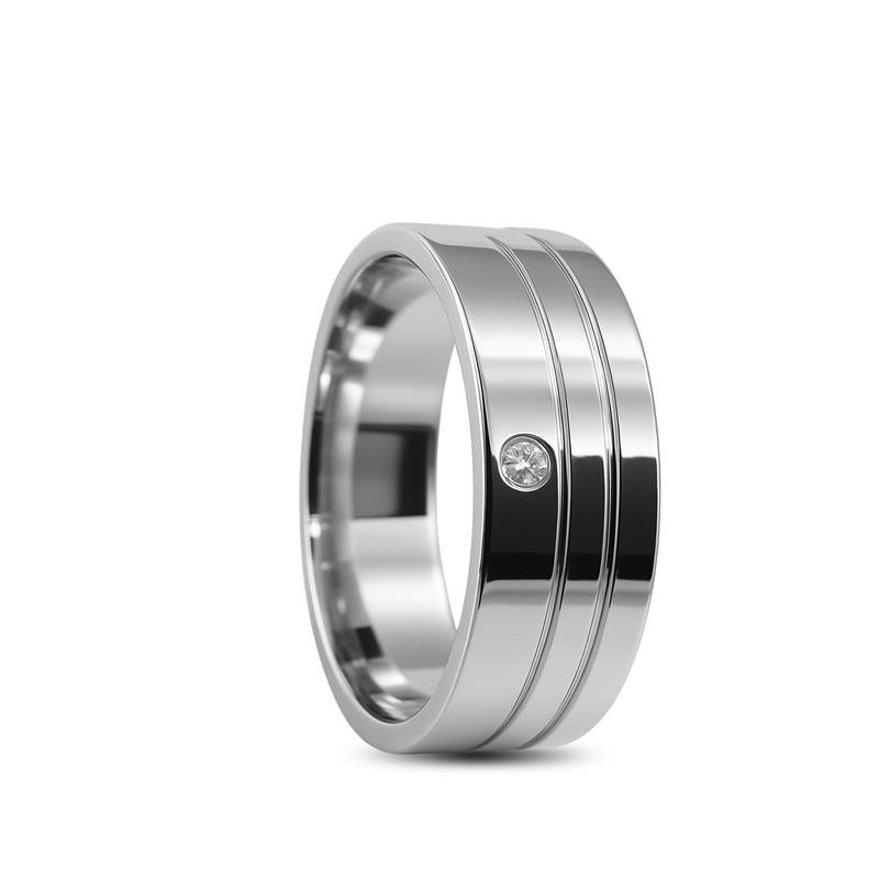 ALIANÇA DE PRATA 6,0MM SEMI-ANATÔMICA QUADRADA C/ 2 FRISOS 0,50 LATERAL E 1 PEDRA