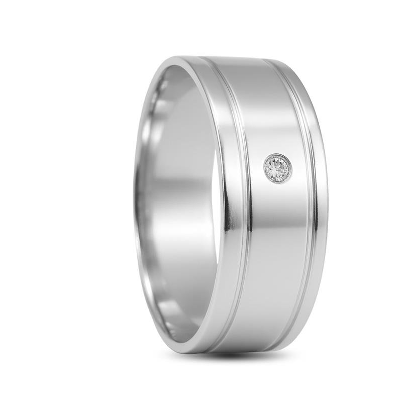 ALIANÇA DE PRATA 8,0MM SEMI-ANATÔMICA QUADRADA C/ 2 FRISOS 0,50 E 1 PEDRA