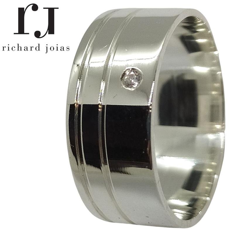 ALIANÇA DE PRATA 8,0MM SEMI-ANATÔMICA QUADRADA C/ 2 FRISOS 0,50 LATERAL E 1 PEDRA