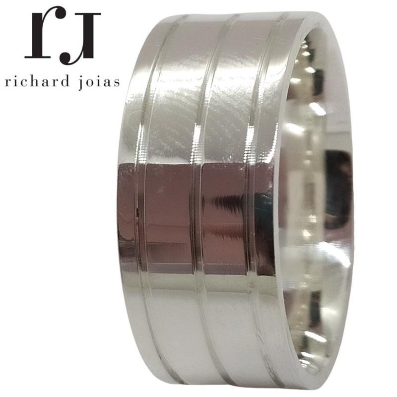 ALIANÇA DE PRATA 10MM ANATÔMICA QUADRADA C/ 3 FRISOS 0,50
