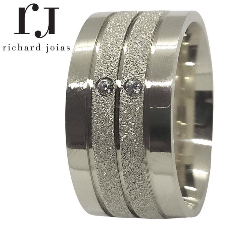 ALIANÇA DE PRATA E OURO PARA INDUSTRIALIZAÇÃO 10MM ANATÔMICA QUADRADA DIAMANTADA C/ 2 PEDRAS E 3 FRISOS 0,50