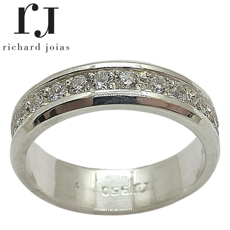 ALIANÇA DE PRATA 5,0MM SEMI-ANATÔMICA QUADRADA CHANFRADA C/ VOLTA TODA DE PEDRAS 2,0MM E ALTURA DE 1,60