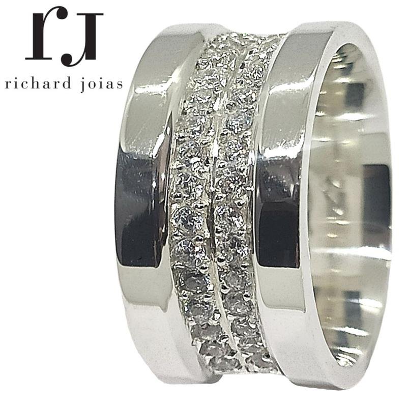 ALIANÇA DE PRATA 10MM ANATÔMICA QUADRADA C/CENTRO REBAIXADO E MEIA VOLTA DE PEDRAS