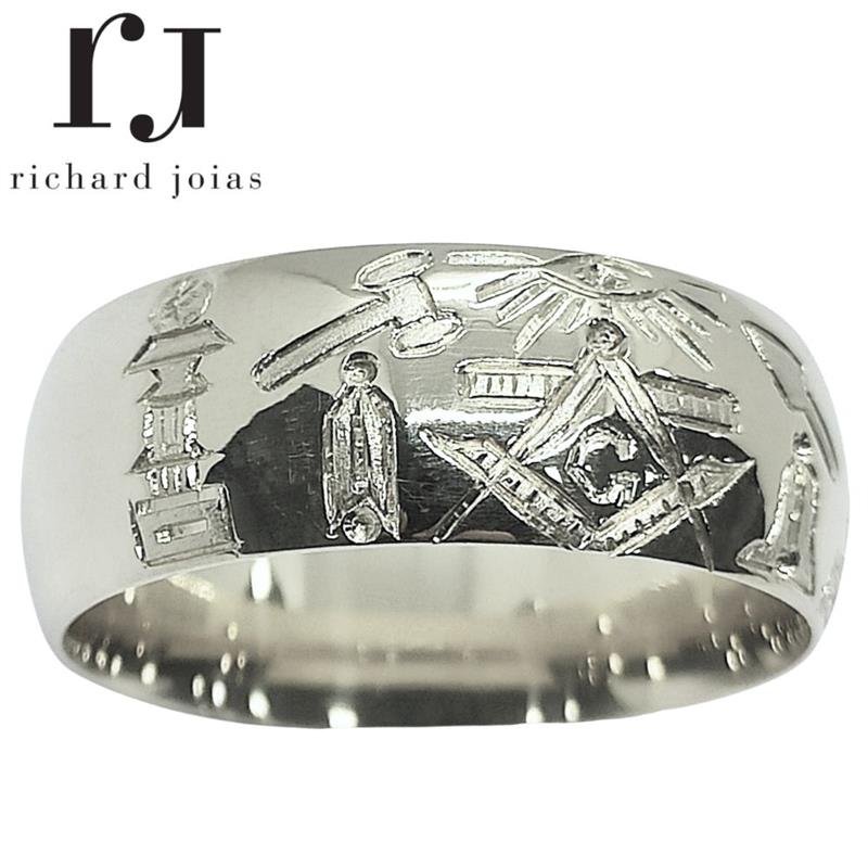 ALIANÇA DE PRATA 10MM ANATÔMICA QUADRADA PERSONALIZADA C/ SÍMBOLOS MAÇONICOS
