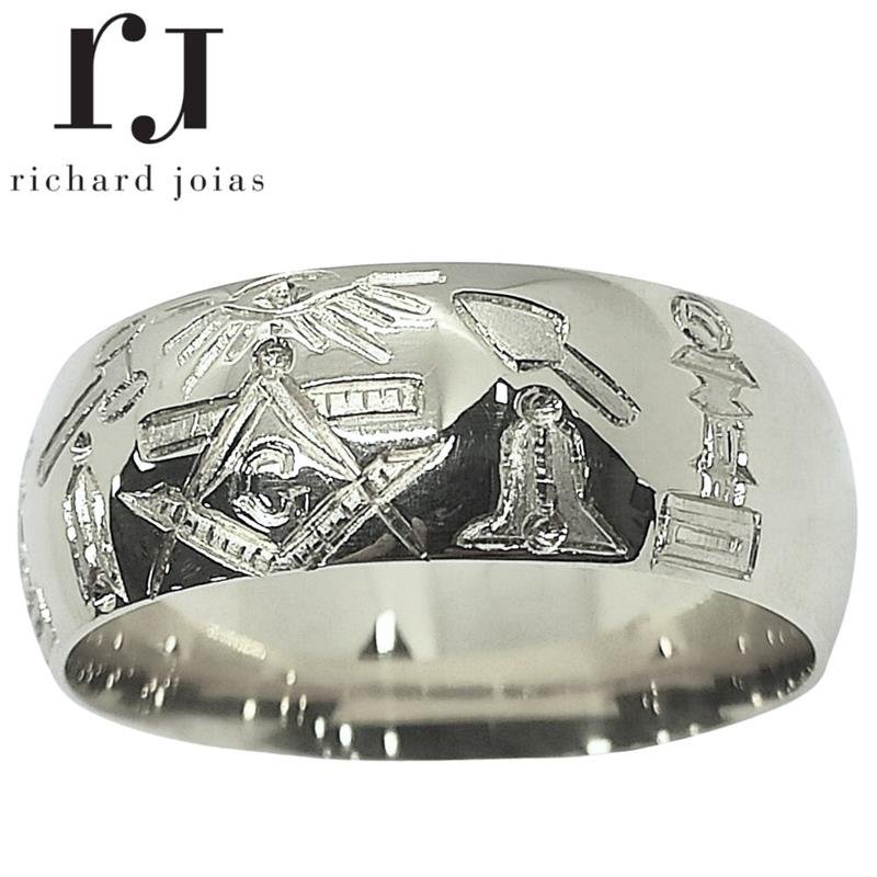 ALIANÇA DE PRATA 10MM ANATÔMICA QUADRADA PERSONALIZADA C/ SÍMBOLOS MAÇONICOS