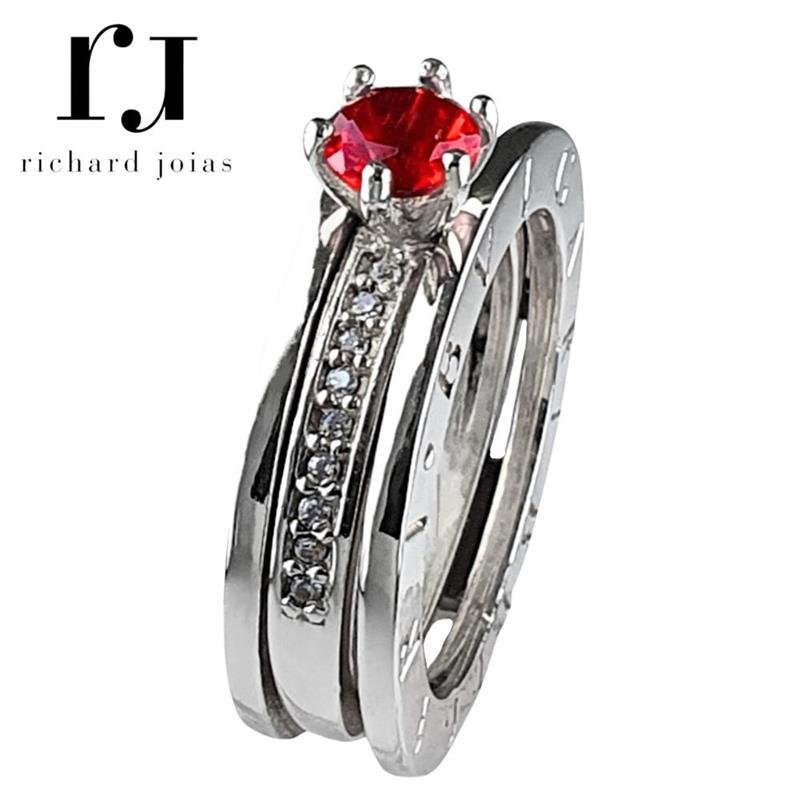 ALIANÇA DE PRATA BVL C/ ESCRITA E ANEL SOLITÁRIO MUDA COR DA PEDRA CENTRAL