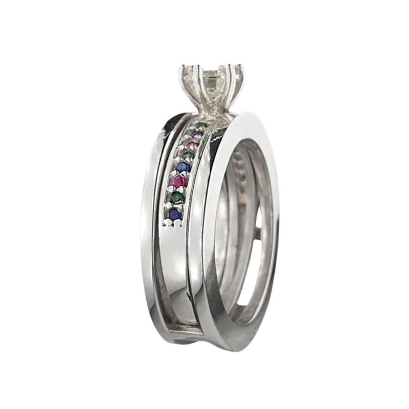 ALIANÇA DE PRATA BVL S/ ESCRITA E ANEL SOLITÁRIO COLORIDO MUDA A COR DA PEDRA CENTRAL