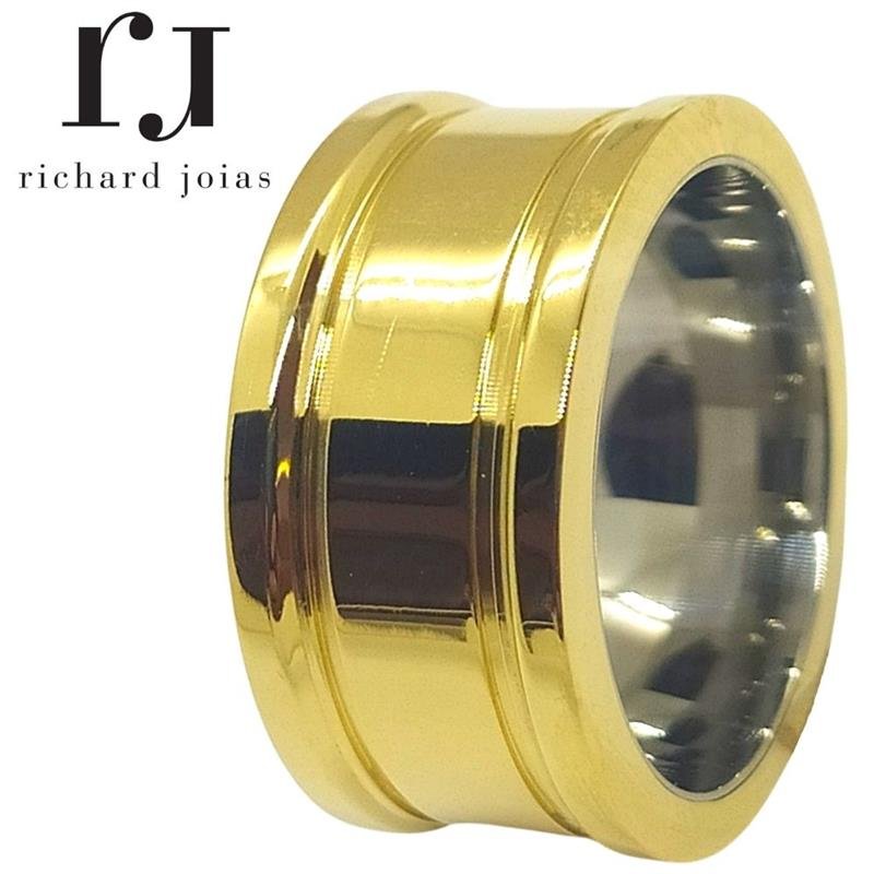 ALIANÇA DE MOEDA C/FORRO DE AÇO 10MM ANATÔMICA QUADRADA CENTRO REBAIXADO C/02 FRISOS 0,50