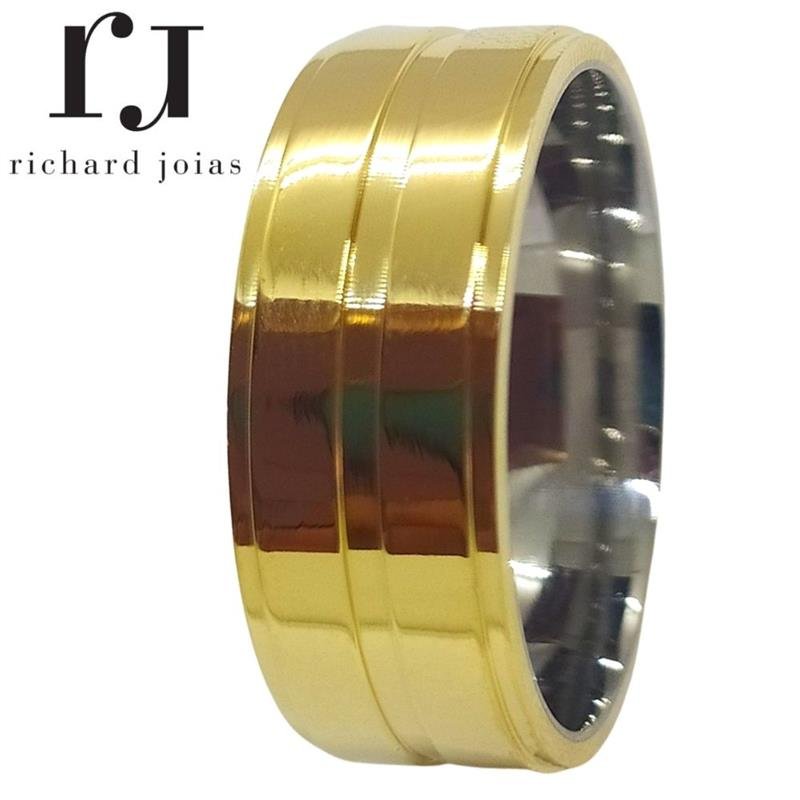 ALIANÇA DE MOEDA C/FORRO DE AÇO 8,0 MM ANATÔMICA QUADRADA LATERAL REBAIXADO C/ 01 FRISO 1,0MM