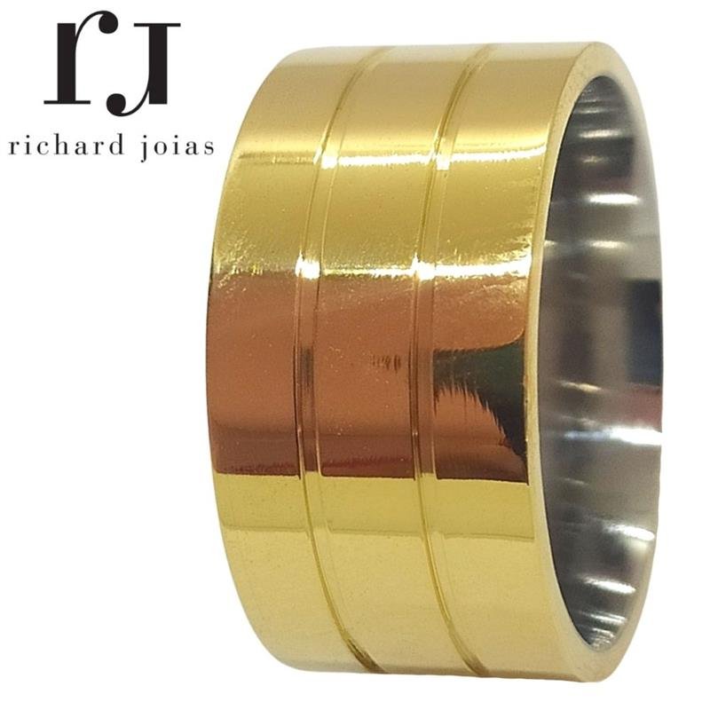 ALIANÇA DE MOEDA C/FORRO DE AÇO 10MM ANATÔMICA QUADRADA C/ 02 FRISOS 0,50