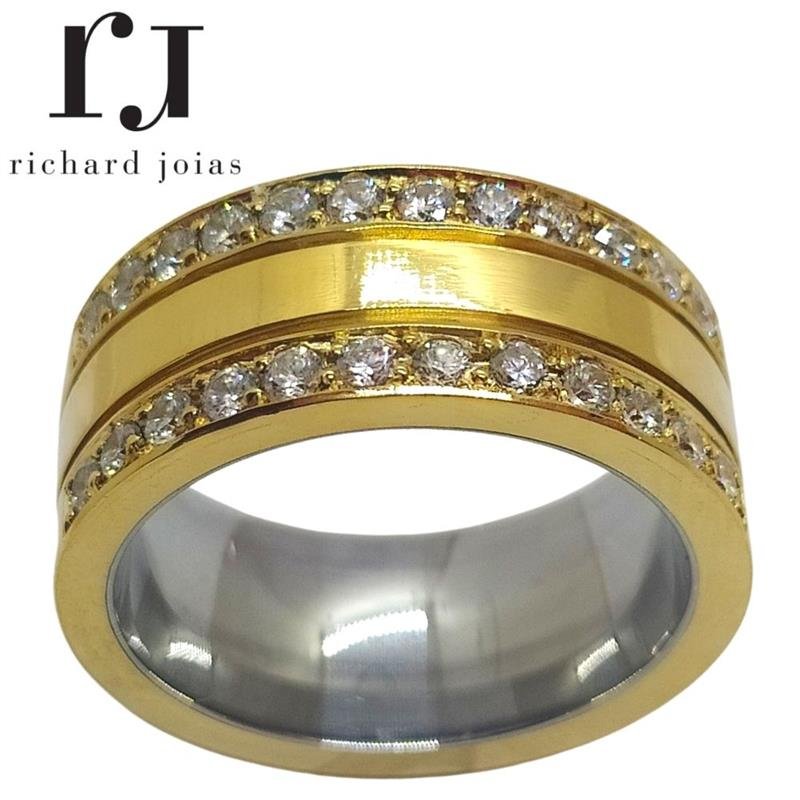 ALIANÇA DE MOEDA C/FORRO DE AÇO 10MM QUADRADA 02 FRISO E 24 PEDRAS