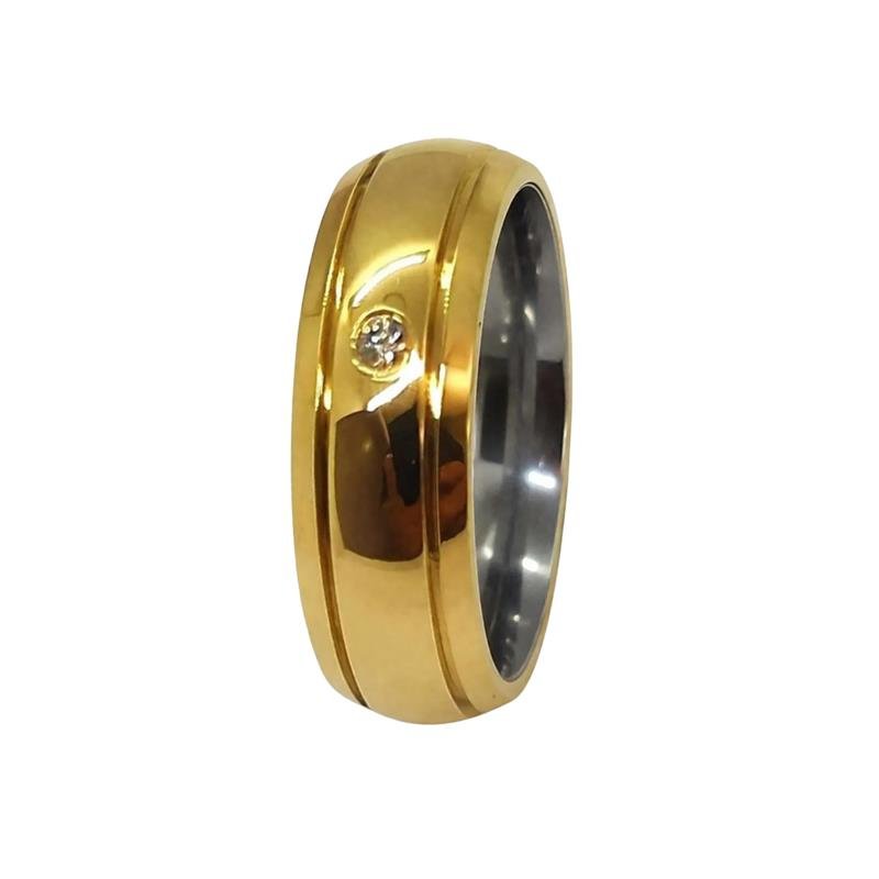 ALIANÇA DE MOEDA C/FORRO DE AÇO 5,0MM ANATÔMICA ABAULADA 02 FRISO 0,50 E 01 PEDRA