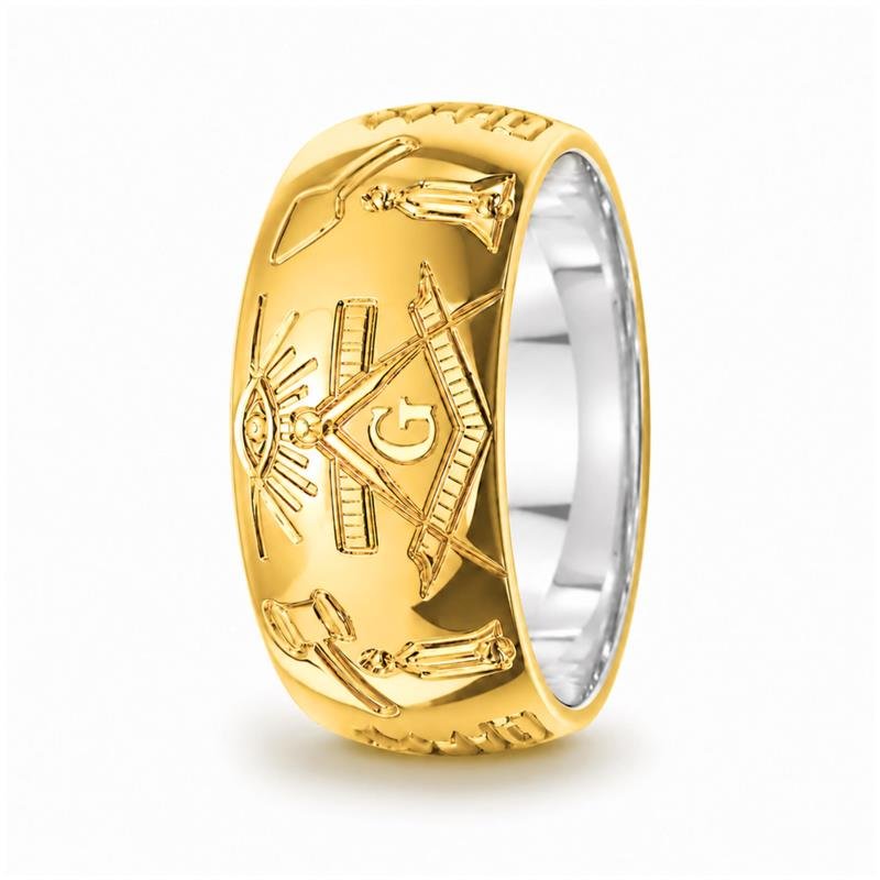 ALIANÇA DE MOEDA C/FORRO DE AÇO 10MM ANATÔMICA ABAULADA PERSONALIZADA C/ SÍMBOLOS MAÇONICOS