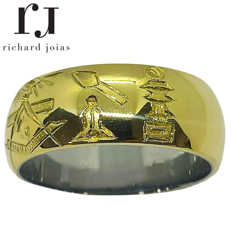 ALIANÇA DE MOEDA C/FORRO DE AÇO 10MM ANATÔMICA ABAULADA PERSONALIZADA C/ SÍMBOLOS MAÇONICOS