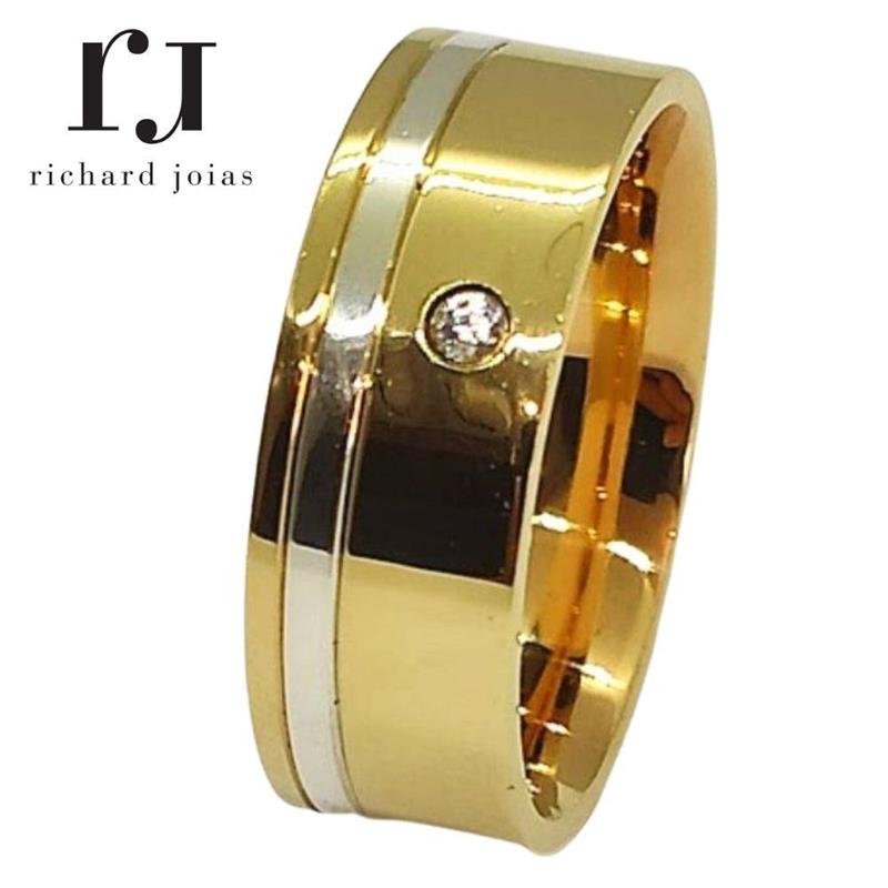 ALIANÇA DE MOEDA 8,0MM QUADRADA C/FILETE DE PRATA E 01 PEDRA