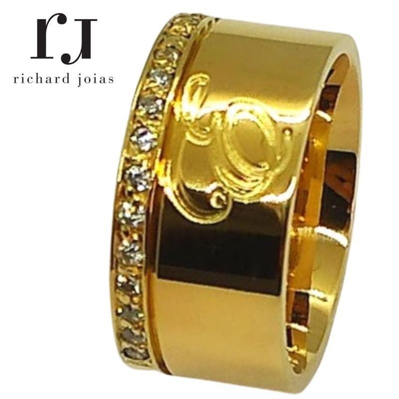 ALIANÇA DE MOEDA 10MM ANATÔMICA QUADRADA PERSONALIZADA C/15 PEDRAS E 1 FRISO NA LATERAL