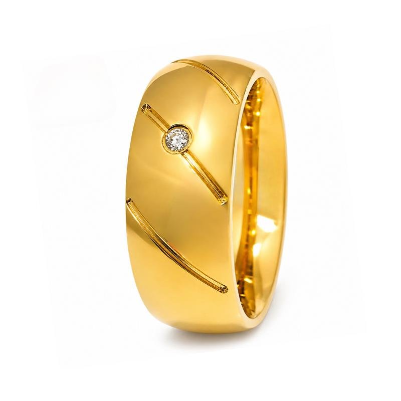 ALIANÇA DE MOEDA 8,0MM ABAULADA PERSONALIZADA C/01 PEDRA E 03 FRISOS DIAGONAL