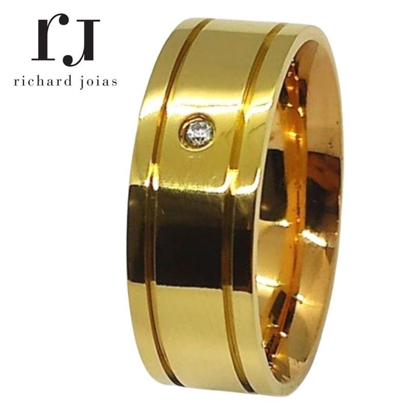 ALIANÇA DE MOEDA 8,0MM QUADRADA C/01 PEDRA E 02 FRISOS 0,50