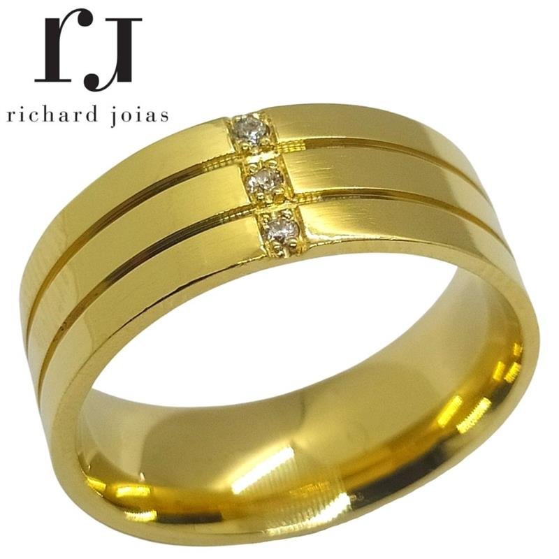 ALIANÇA DE MOEDA 8,0MM QUADRADA C/03 PEDRAS E 02 FRISOS 0,50