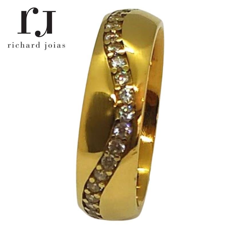 ALIANÇA DE MOEDA 6,0MM ANATÔMICA ABAULADA C/44 PEDRAS E 01 FRISO TORCIDO