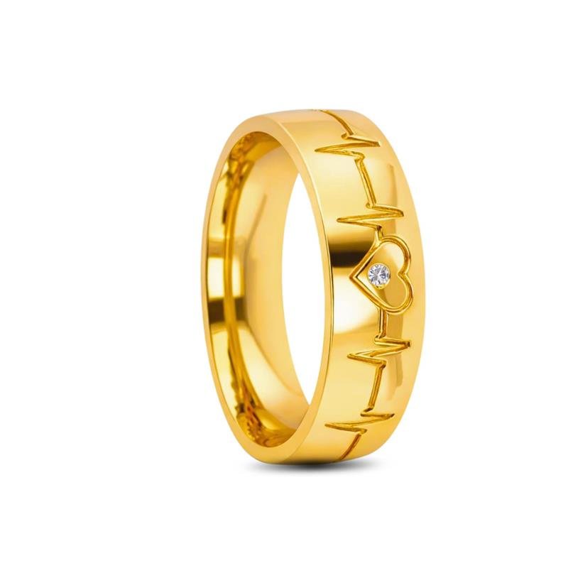 ALIANÇA DE MOEDA 6,0MM ANATÔMICA ABAULADA C/CORAÇÃO BATIMENTOS E 1 PEDRA