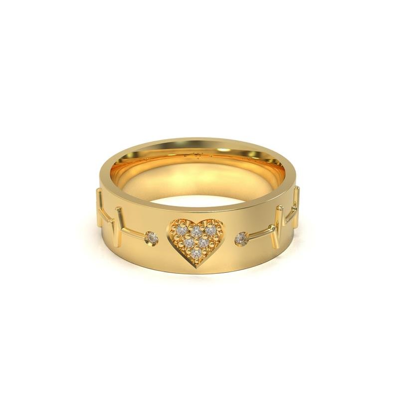 ALIANÇA DE MOEDA 6,0MM QUADRADA C/BATIMENTOS CORAÇÃO CRAVEJADO E 8 PEDRAS