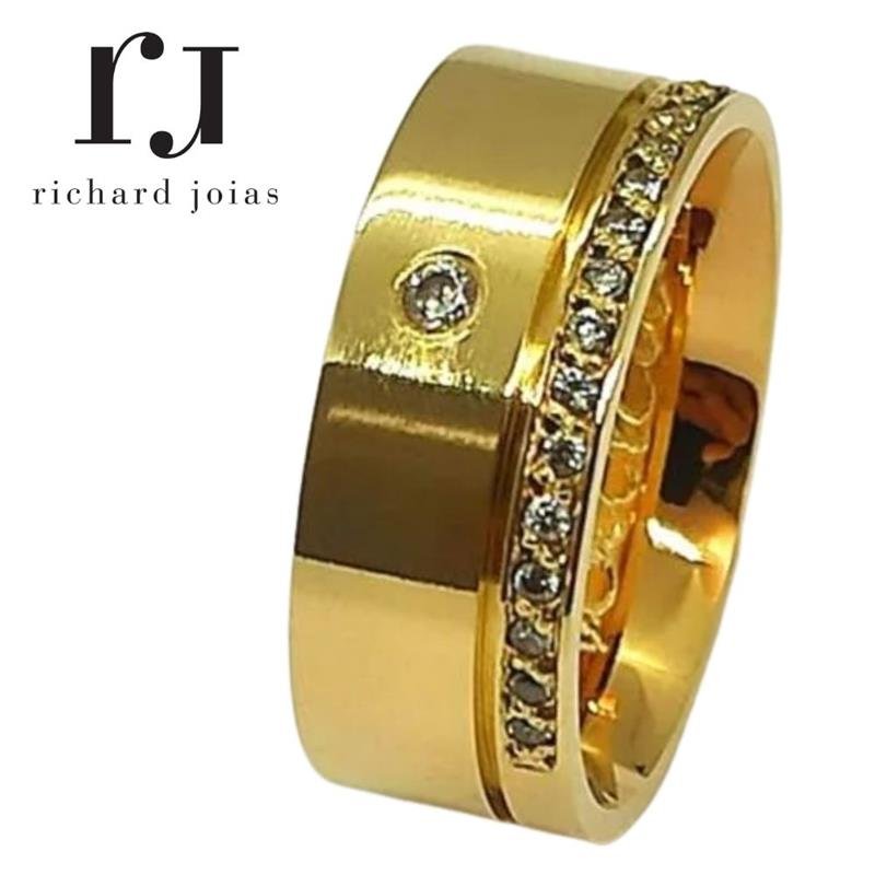 ALIANÇA DE MOEDA 8,0MM QUADRADA C/1 FRISO LATERAL 0,50 E 16 PEDRAS