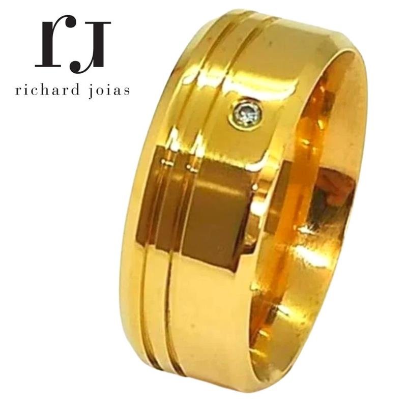 ALIANÇA DE MOEDA 8,0MM ANATÔMICA QUADRADA CHANFRADA C/01 PEDRA E 02 FRISO 0,50