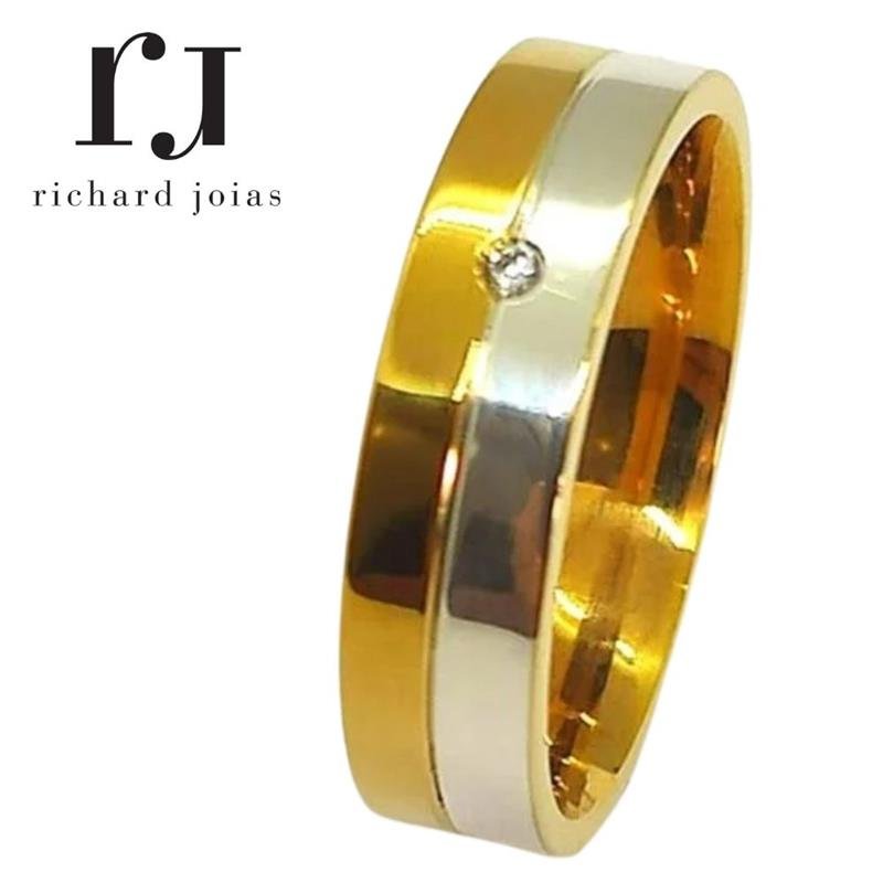 ALIANÇA DE MOEDA 5,0MM QUADRADA C/ METADE CHAPA DE PRATA E 01 PEDRA