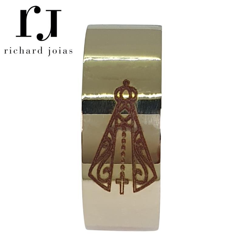 ALIANÇA DE MOEDA 8,0MM QUADRADA C/ SÍMBOLO DE NOSSA SENHORA APARECIDA