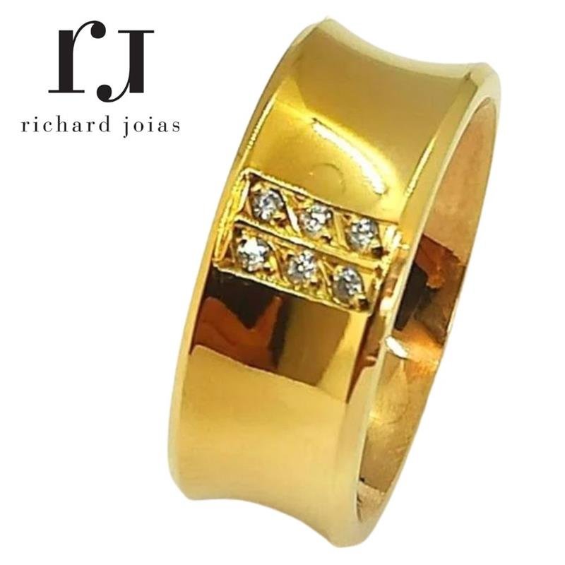 ALIANÇA DE MOEDA 8,0MM ANTÔMICA QUADRADA CÔNCAVA CHANFRADA C/06 PEDRAS