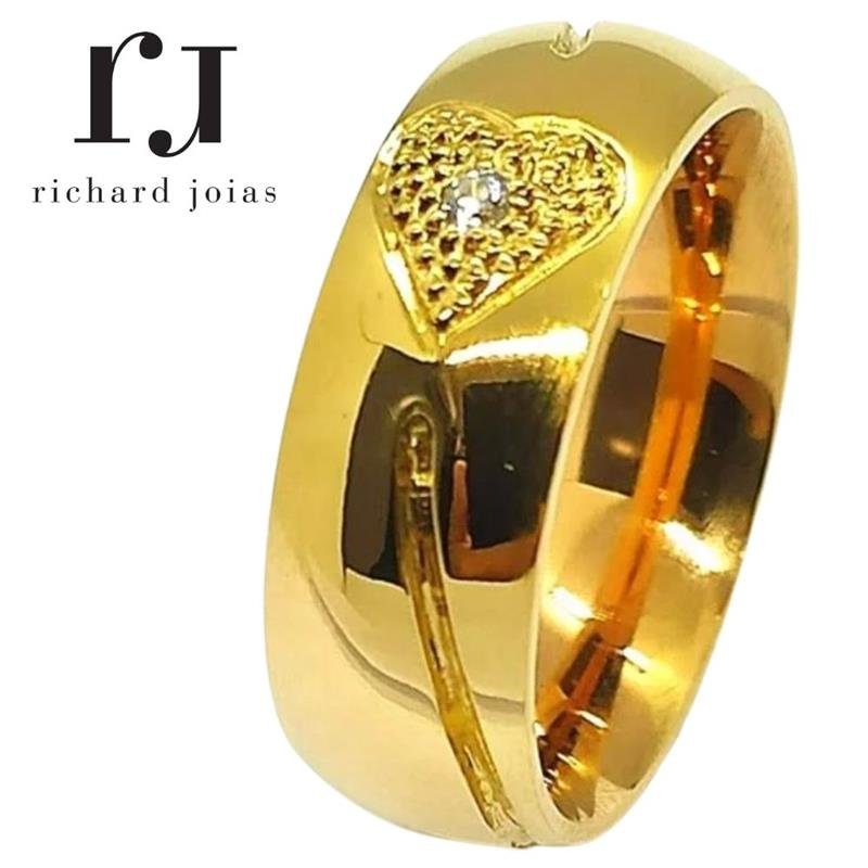 ALIANÇA DE MOEDA 8,0MM ABAULADA CORAÇÃO C/01 PEDRA E 01 FRISO TORCIDO