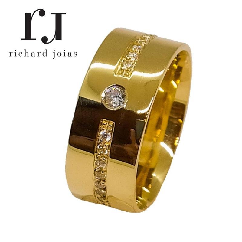 ALIANÇA DE MOEDA 10MM ANATÔMICA QUADRADA C/21 PEDRAS