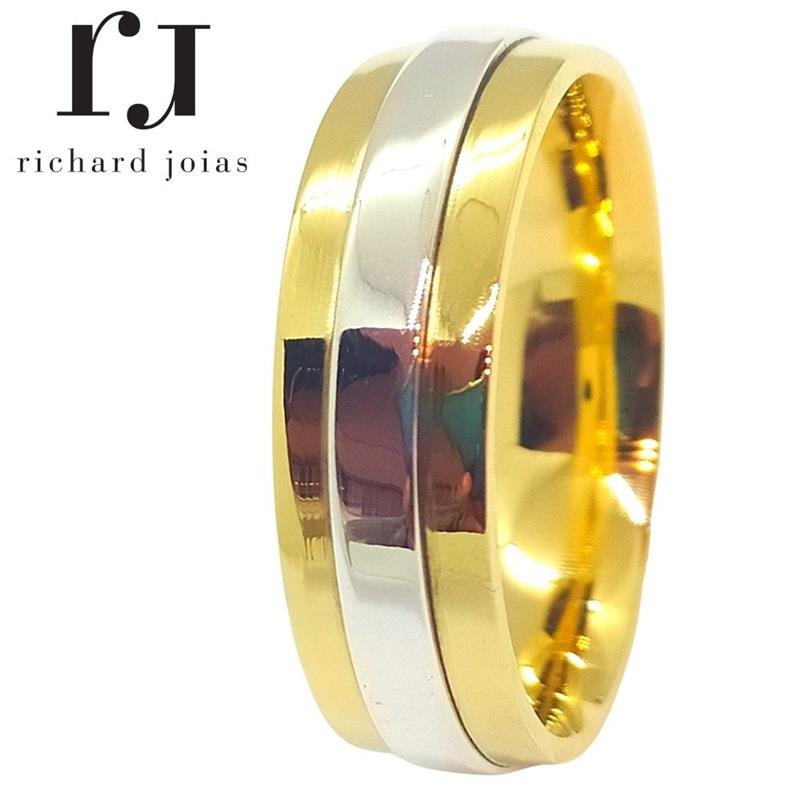 ALIANÇA DE MOEDA 7,0MM ANATÔMICA QUADRADA C/ CHAPA DE PRATA NO CENTRO