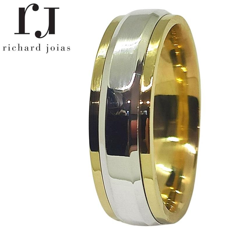 ALIANÇA DE MOEDA 6,0MM QUADRADA C/CENTRO DE PRATA ELEVADO E CHANFRADA