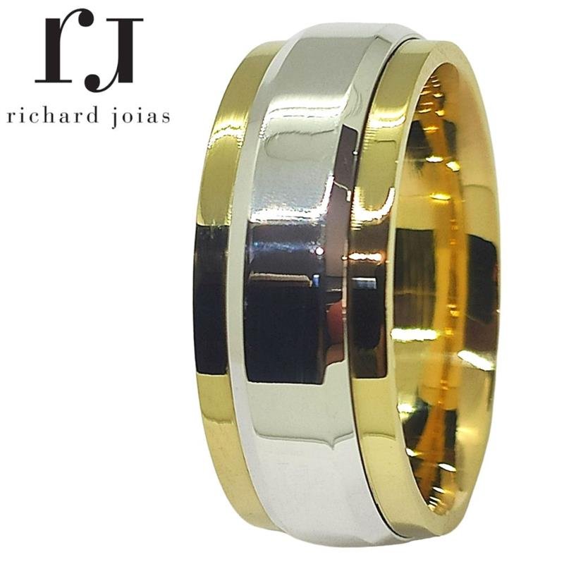 ALIANÇA DE MOEDA 8,0MM QUADRADA C/CENTRO DE PRATA ELEVADO E CHANFRADA