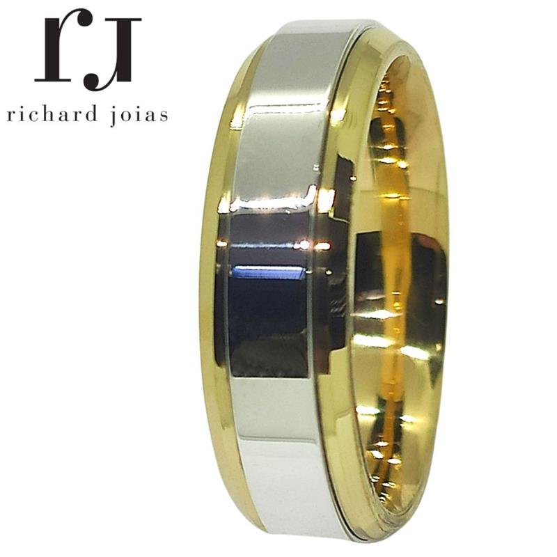 ALIANÇA DE MOEDA 6,0MM QUADRADA CHANFRADA C/CENTRO DE PRATA