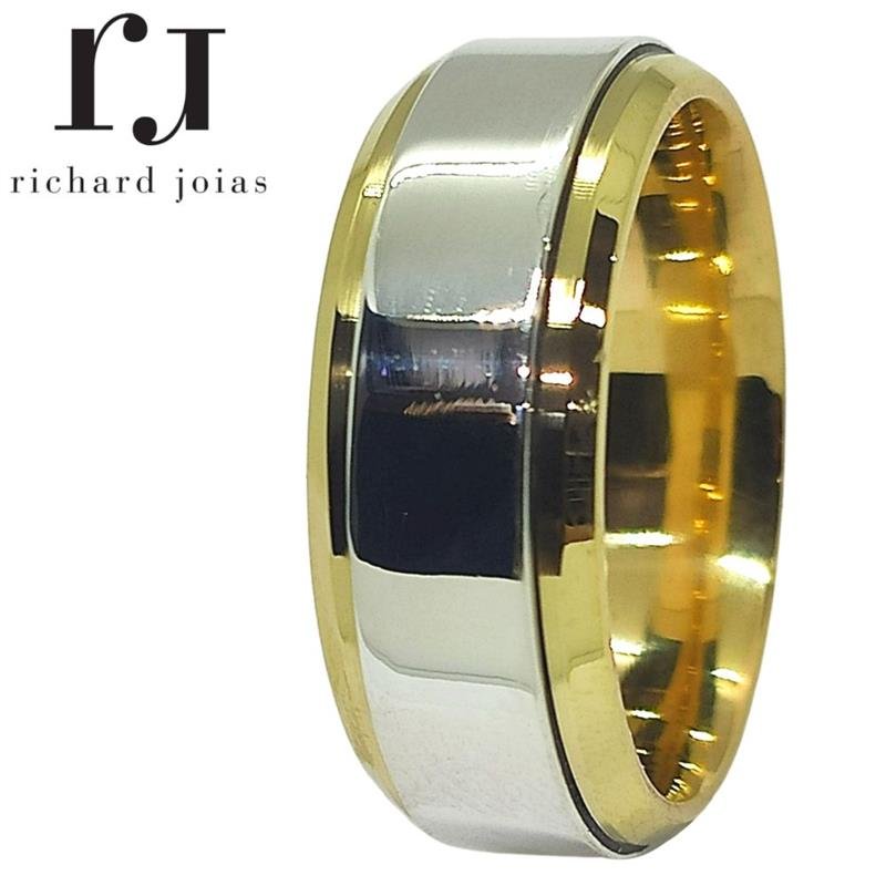 ALIANÇA DE MOEDA 8,0MM QUADRADA CHANFRADA C/CENTRO DE PRATA