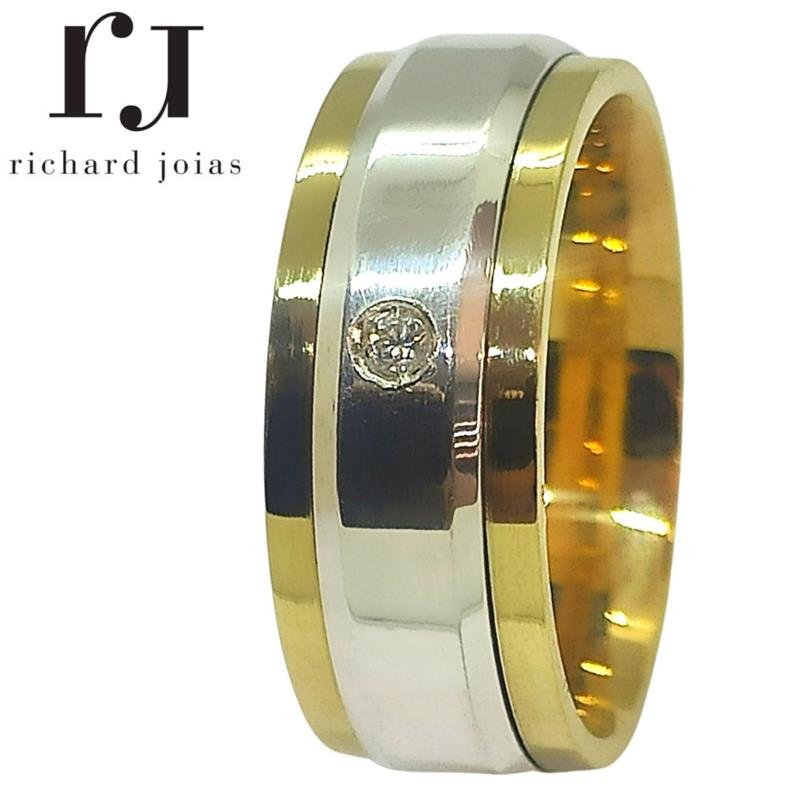 ALIANÇA DE MOEDA 8,0MM QUADRADA CENTRO DE PRATA CHANFRADO E 01 PEDRA