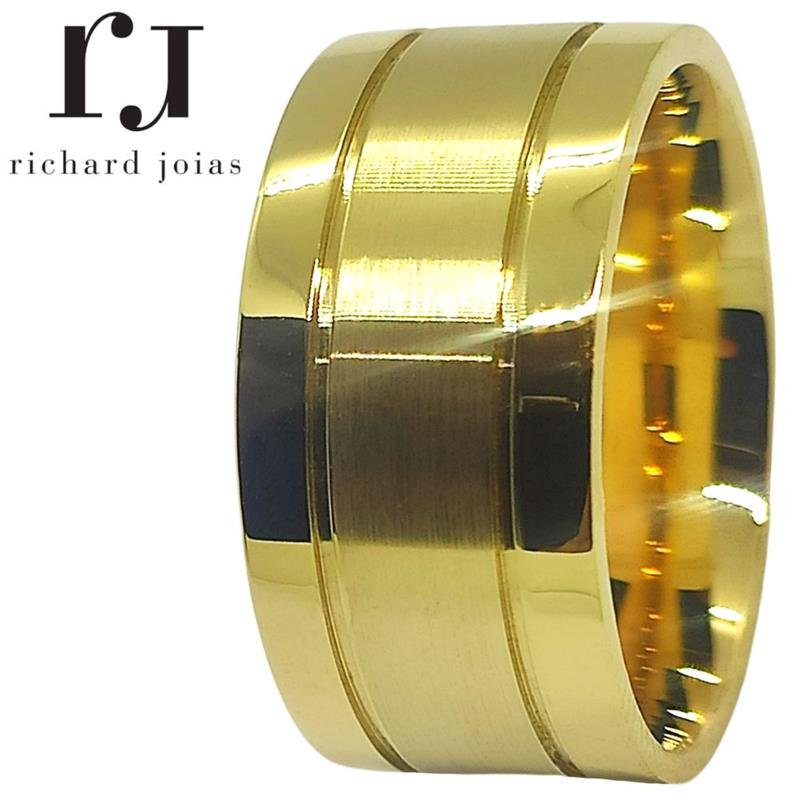 ALIANÇA DE MOEDA 10MM QUADRADA C/02 FRISOS 0,50 E CENTRO FOSCO